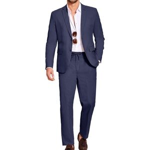 COOFANDY Men’s Big & Tall 3XL Navy Blue Linen Suit Set | Blazer & Pants